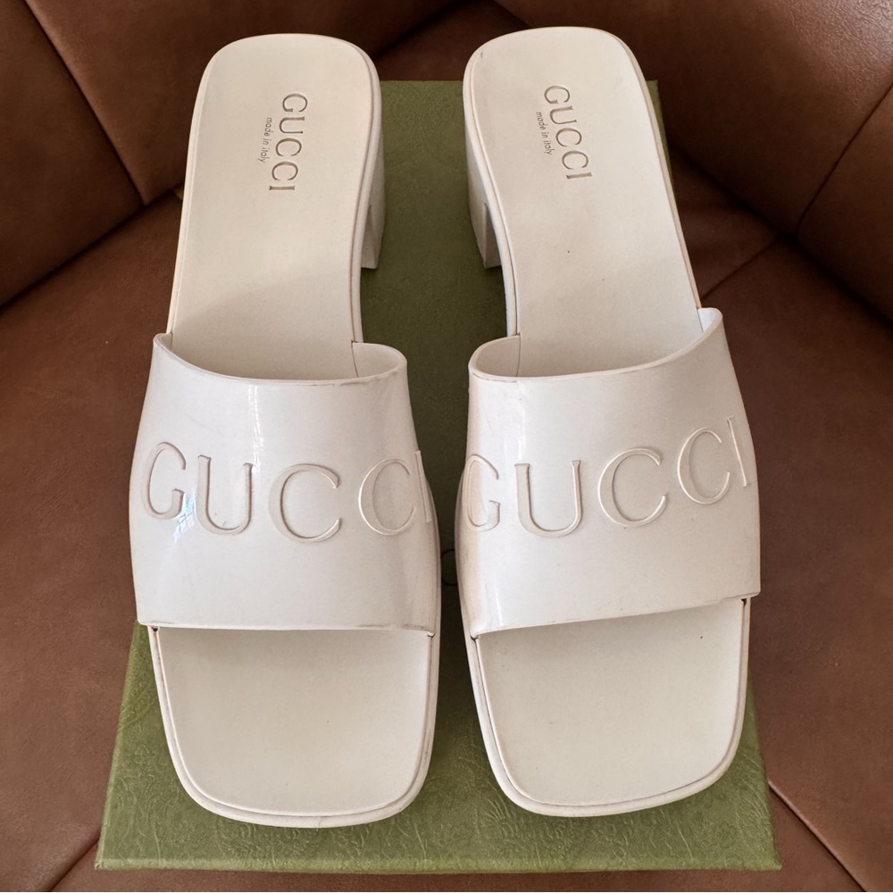 Gucci White Mules with Embossed Branding - Authentic